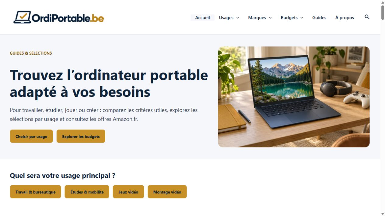 Capture du site OrdiPortable.be : guides et sélections d’ordinateurs portables