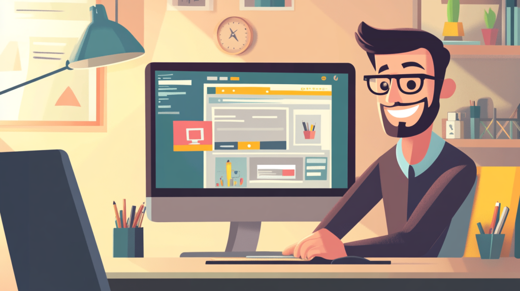 Illustration of a person in front of a website-building interface.