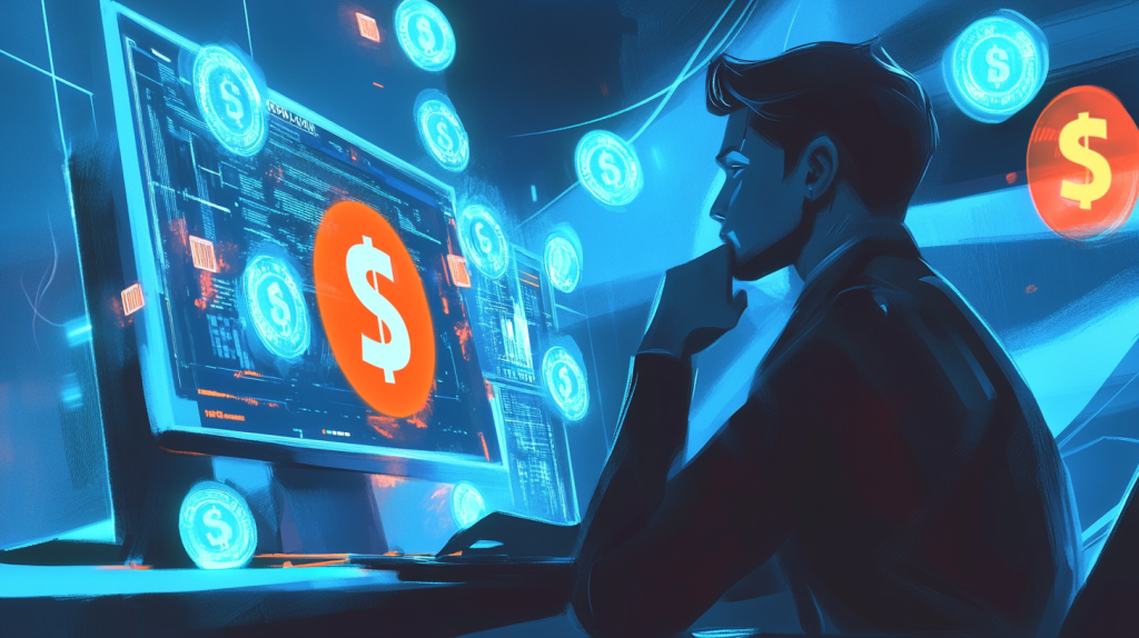 Illustration of a person in front of a screen showing a currency symbol.