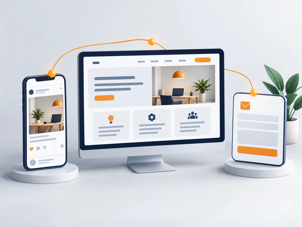 Illustration de contenus cohérents entre une publication, un site web et un formulaire de contact.