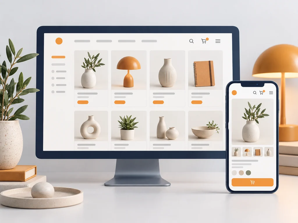 Maquette illustrative d’une boutique avec catalogue sur ordinateur et fiche produit sur mobile.