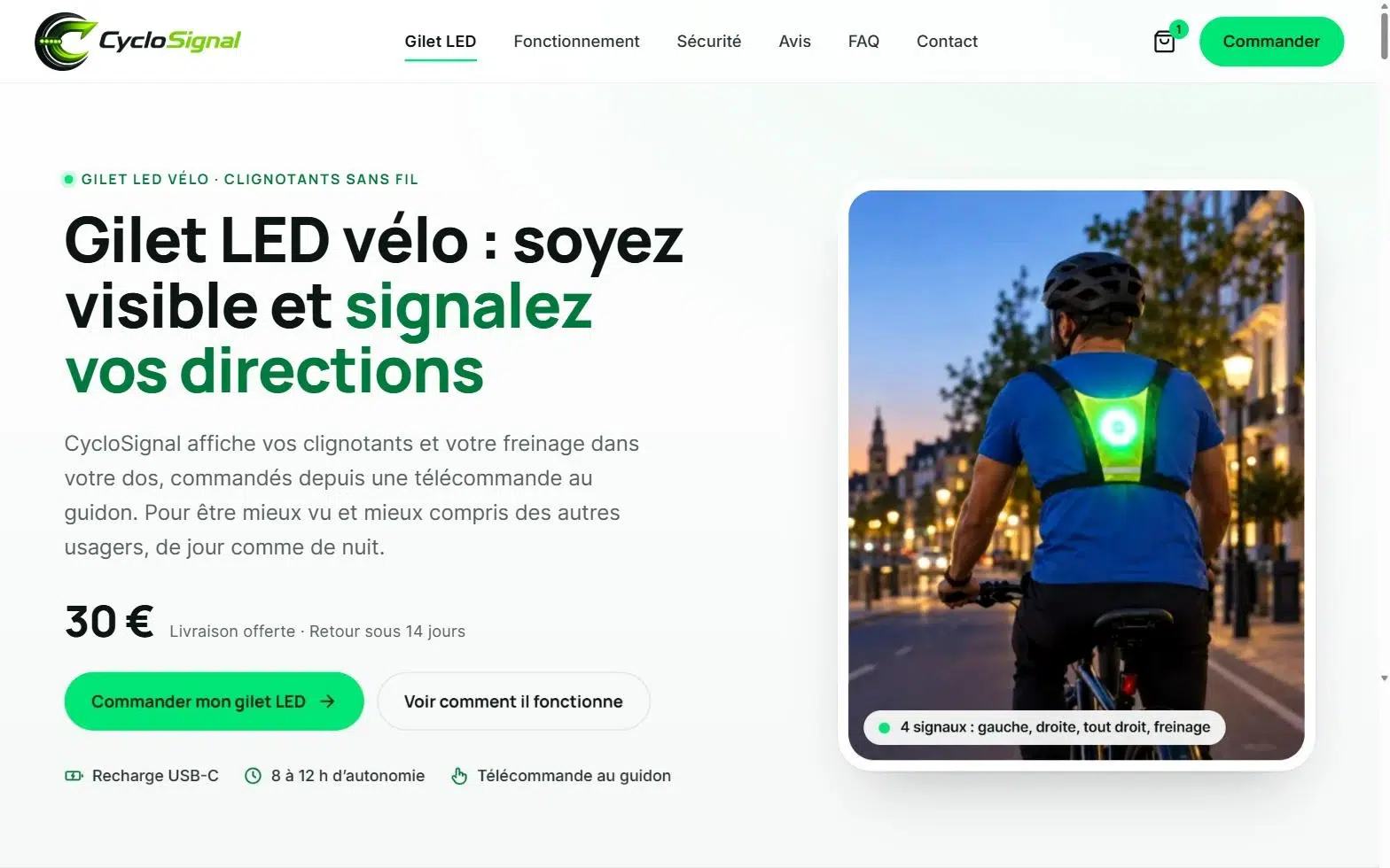 Capture de l’accueil de CycloSignal, boutique en ligne de gilets LED pour cyclistes.