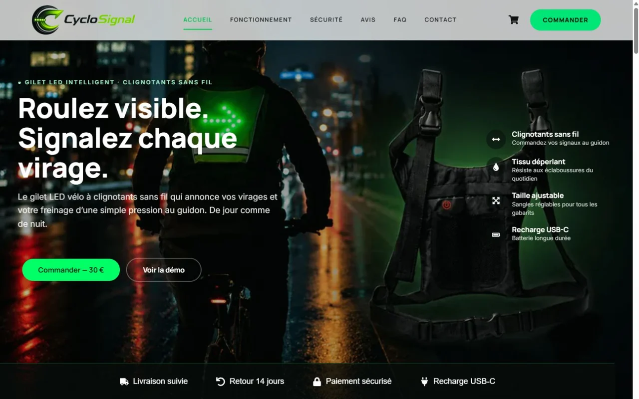 Capture de l’accueil de CycloSignal, boutique en ligne de gilets LED pour cyclistes.