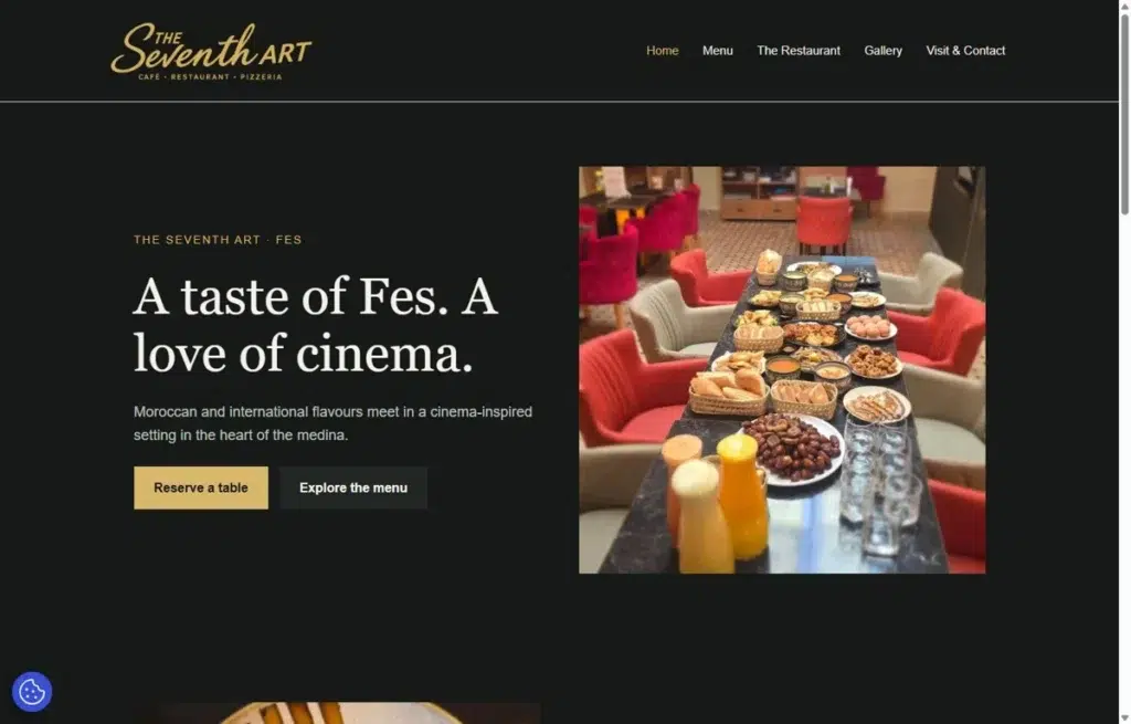 Capture du site The Seventh Art Fes : restaurant et présentation de la carte